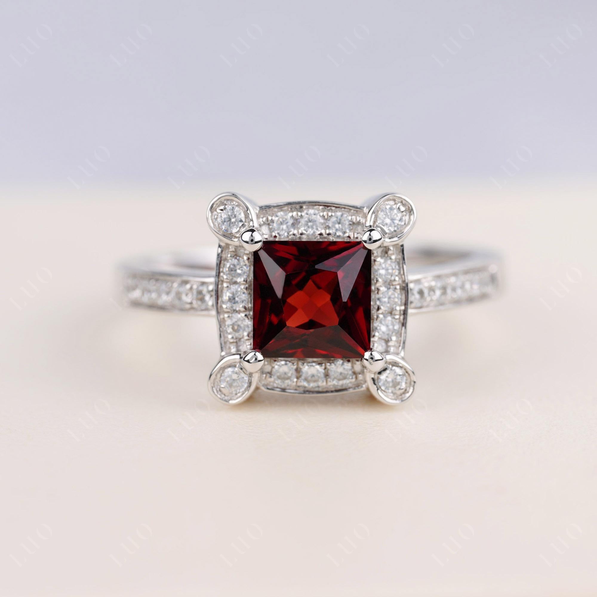 Princess Cut Garnet Halo Statement Ring - LUO Jewelry 