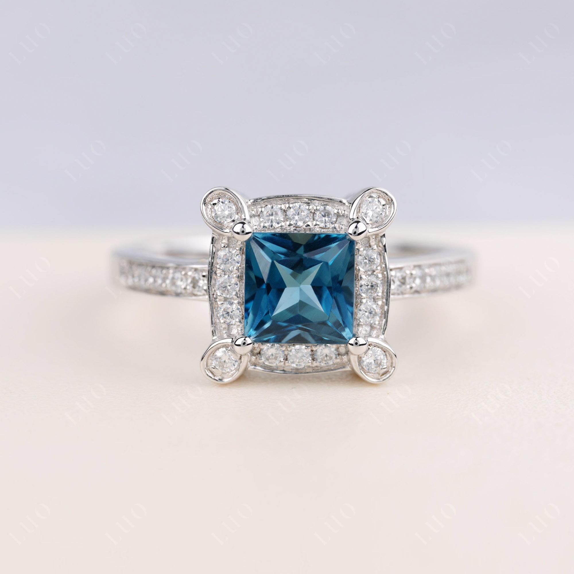 Princess Cut London Blue Topaz Halo Statement Ring - LUO Jewelry 