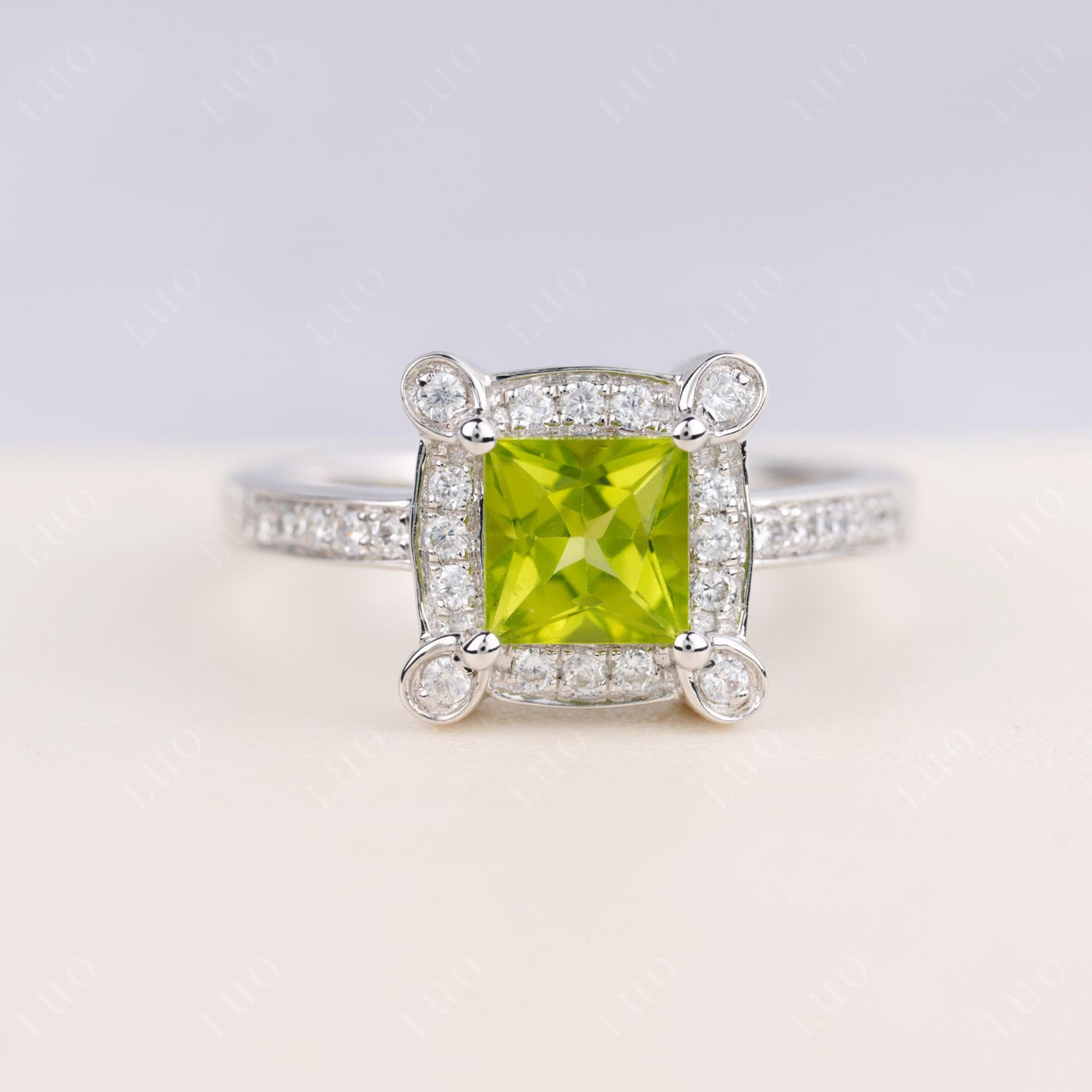 Princess Cut Peridot Halo Statement Ring - LUO Jewelry 