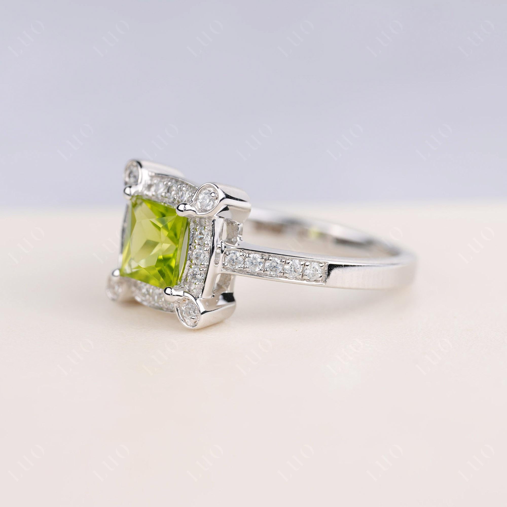 Princess Cut Peridot Halo Statement Ring - LUO Jewelry 