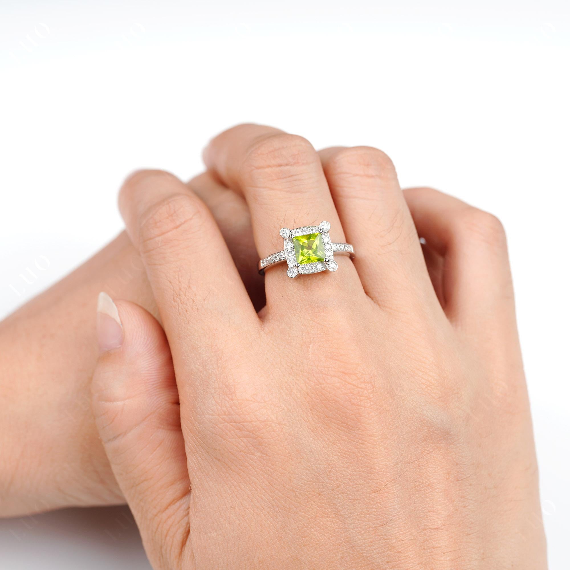 Princess Cut Peridot Halo Statement Ring - LUO Jewelry 