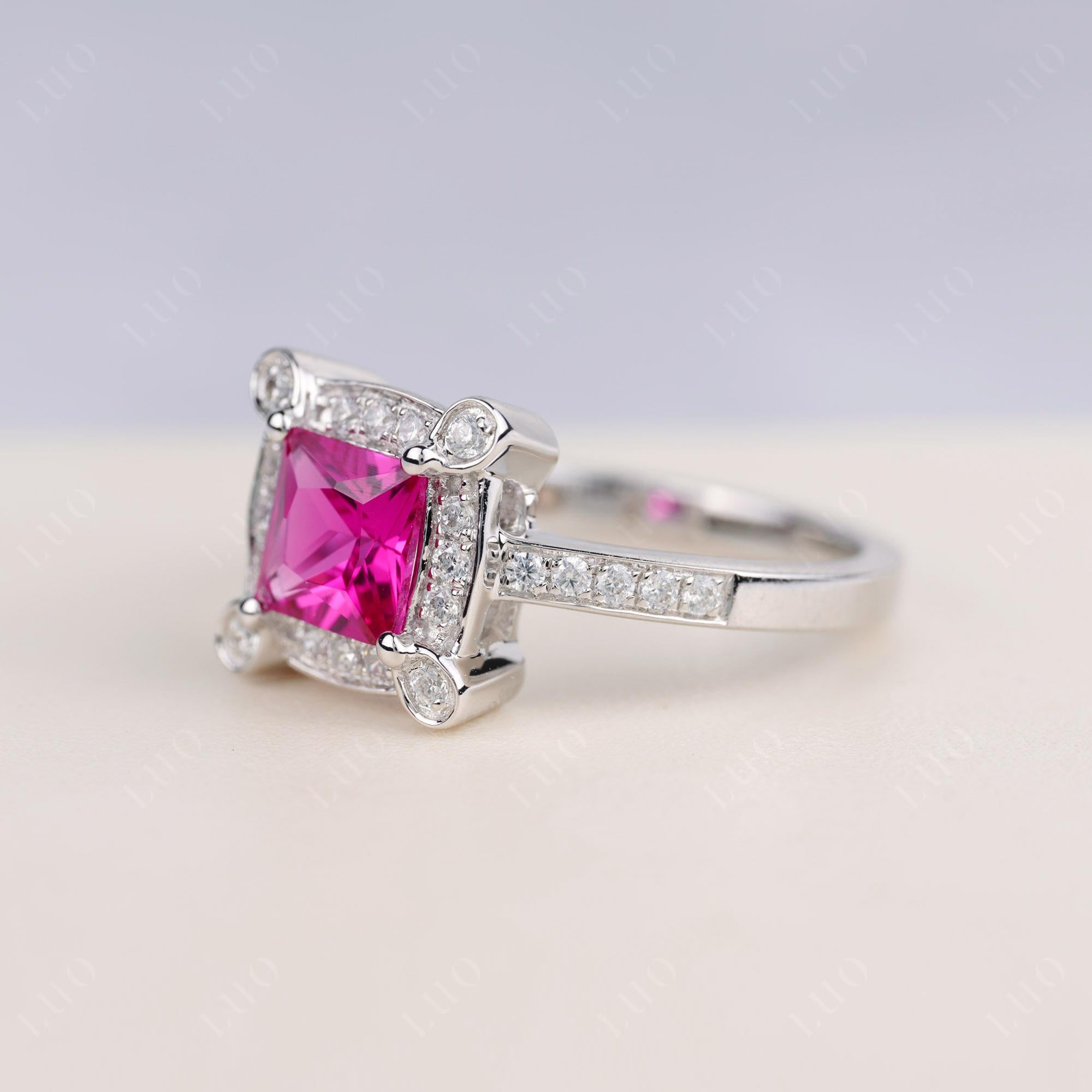 Princess Cut Ruby Halo Statement Ring - LUO Jewelry 