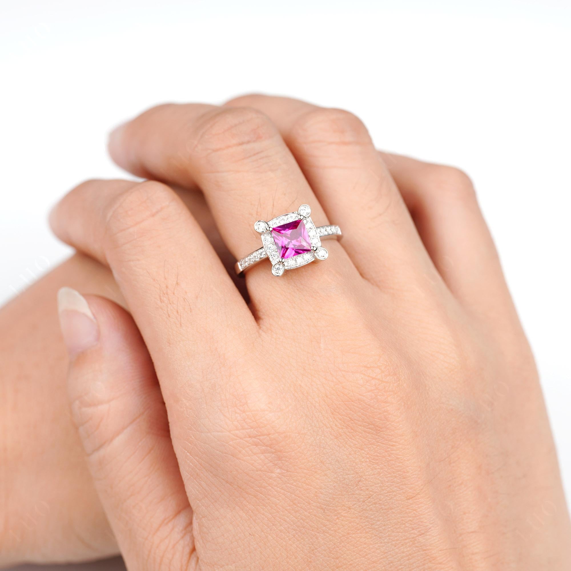 Princess Cut Ruby Halo Statement Ring - LUO Jewelry 