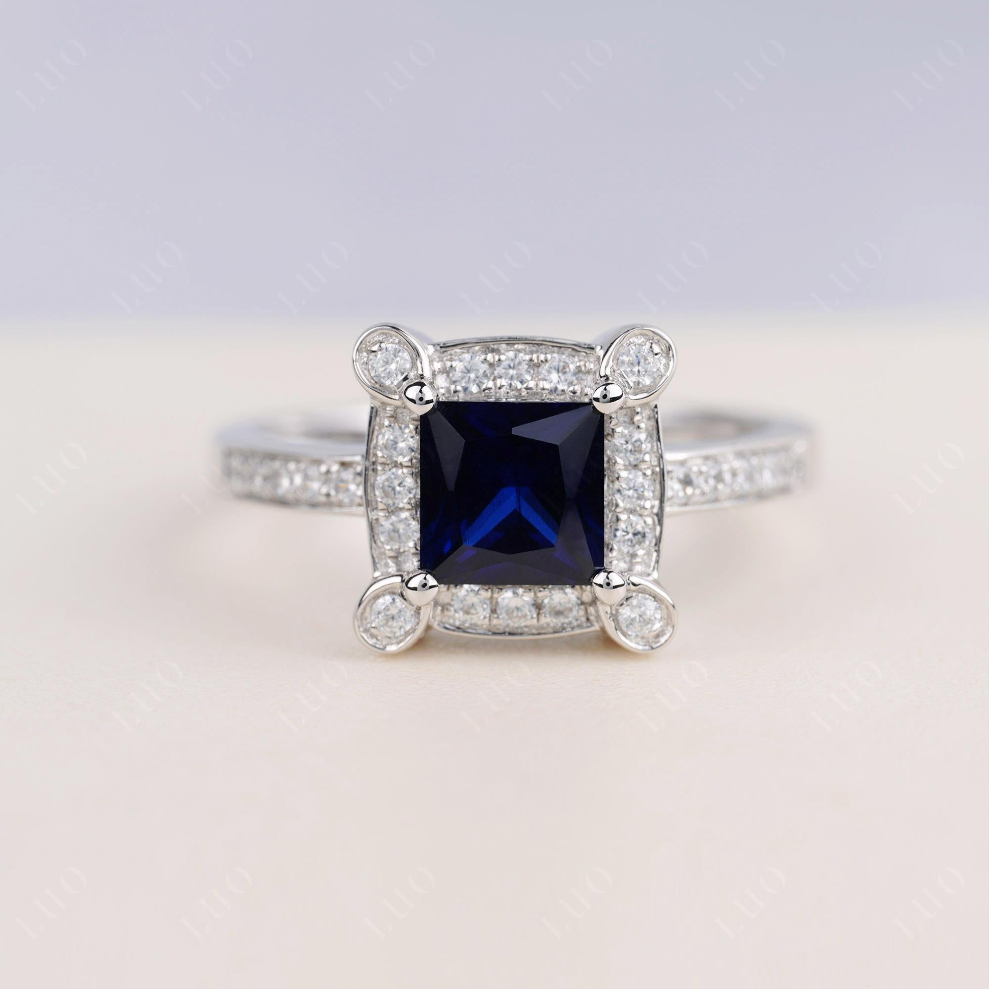 Princess Cut Sapphire Halo Statement Ring - LUO Jewelry 