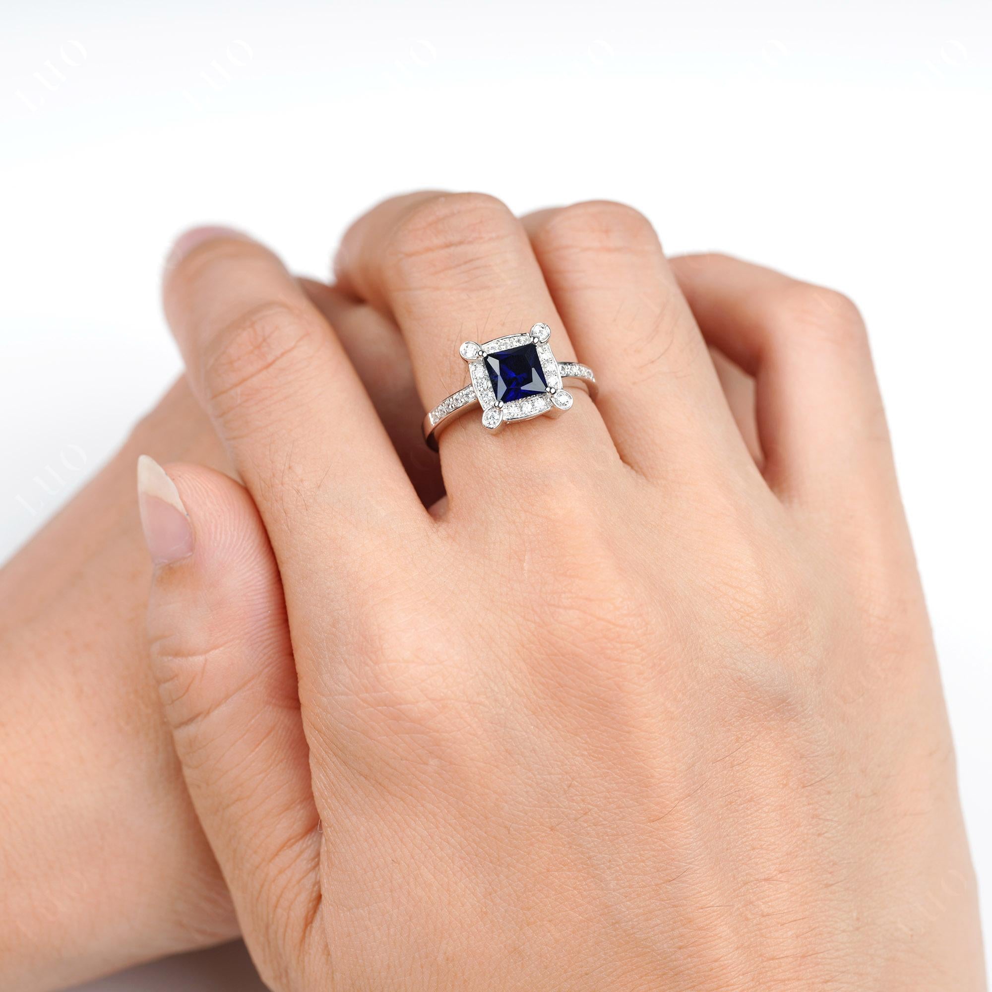 Princess Cut Sapphire Halo Statement Ring - LUO Jewelry 