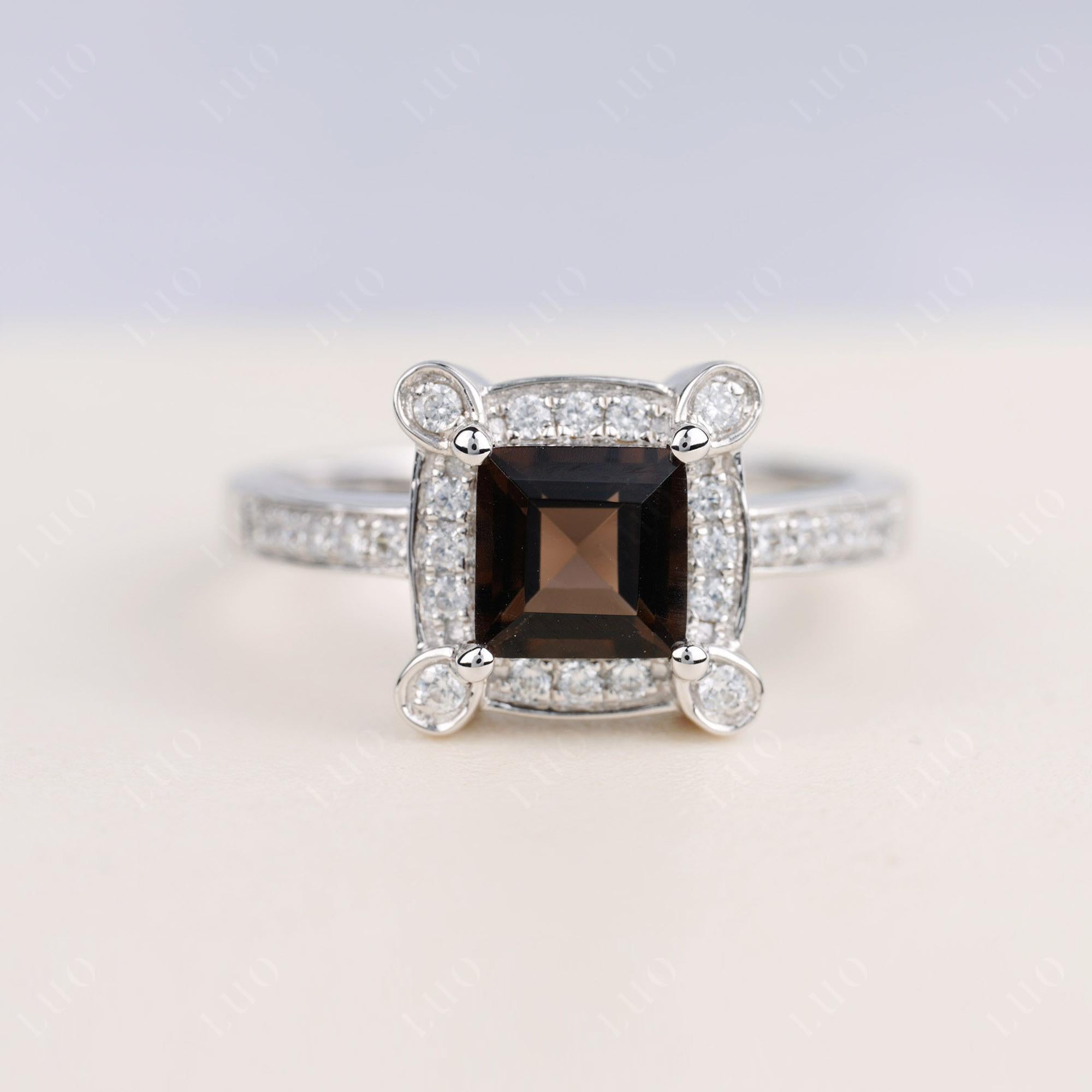 Princess Cut Smoky Quartz Halo Statement Ring - LUO Jewelry 