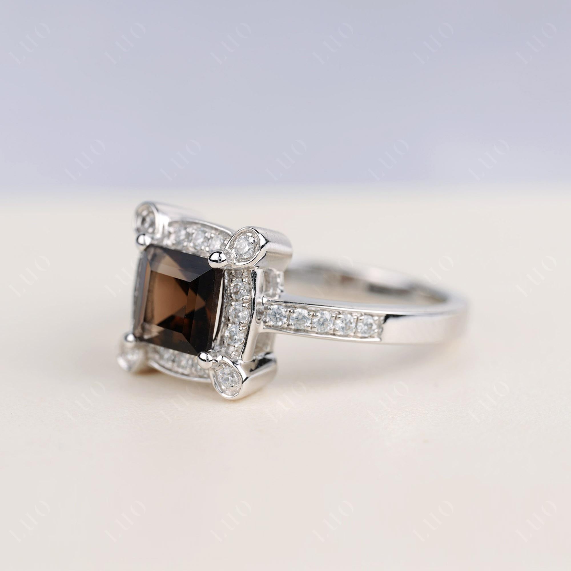 Princess Cut Smoky Quartz Halo Statement Ring - LUO Jewelry 