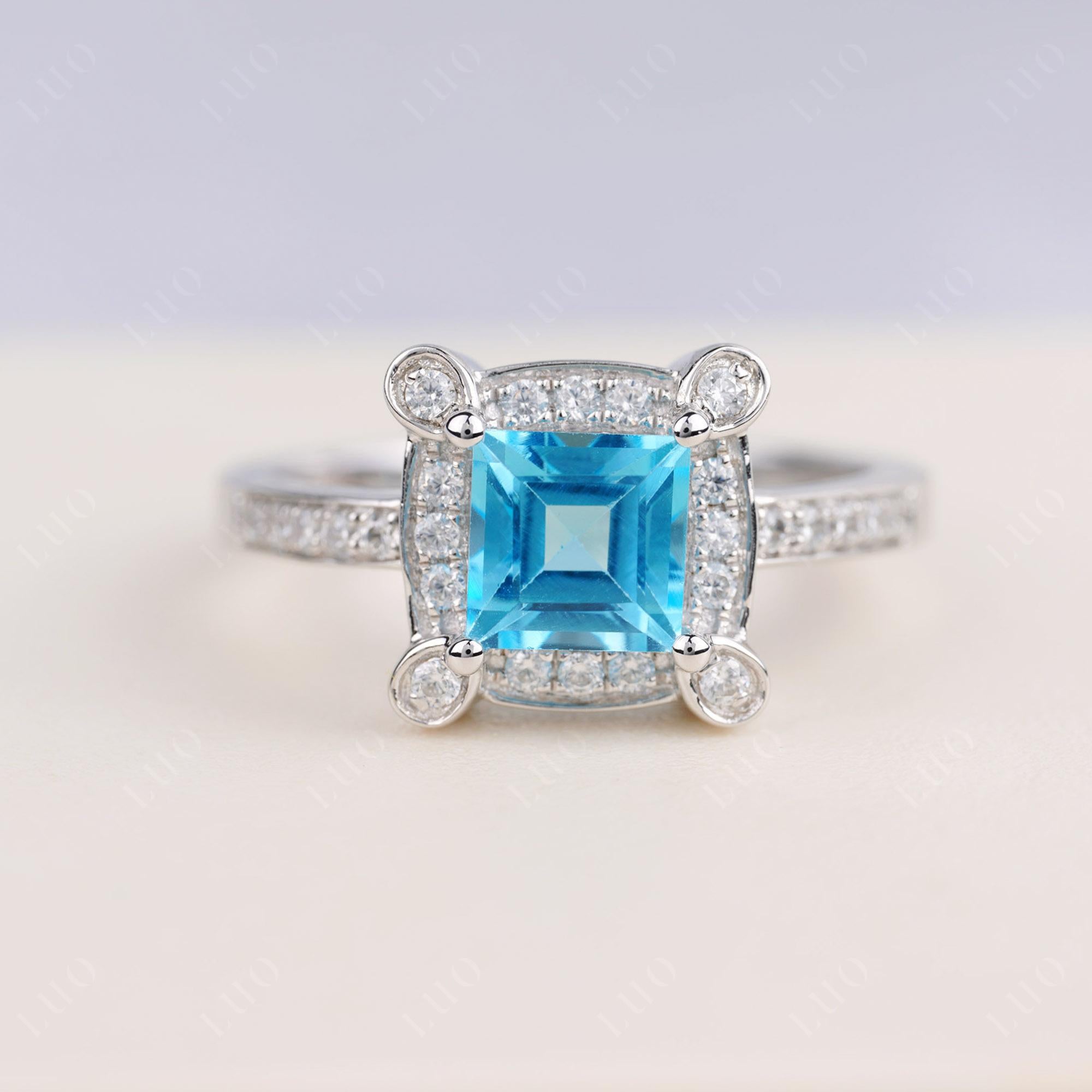 Princess Cut Swiss Blue Topaz Halo Statement Ring - LUO Jewelry 