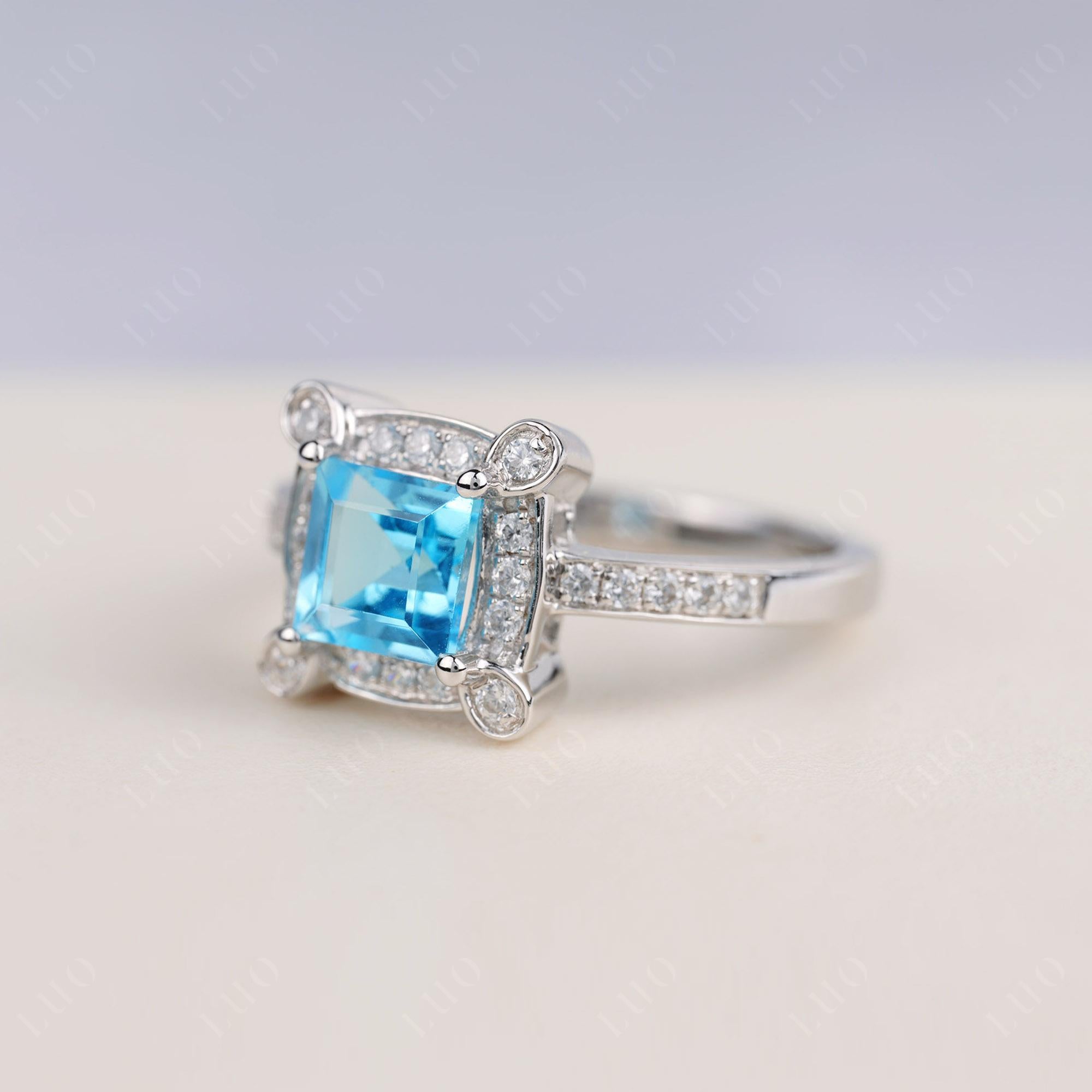 Princess Cut Swiss Blue Topaz Halo Statement Ring - LUO Jewelry 