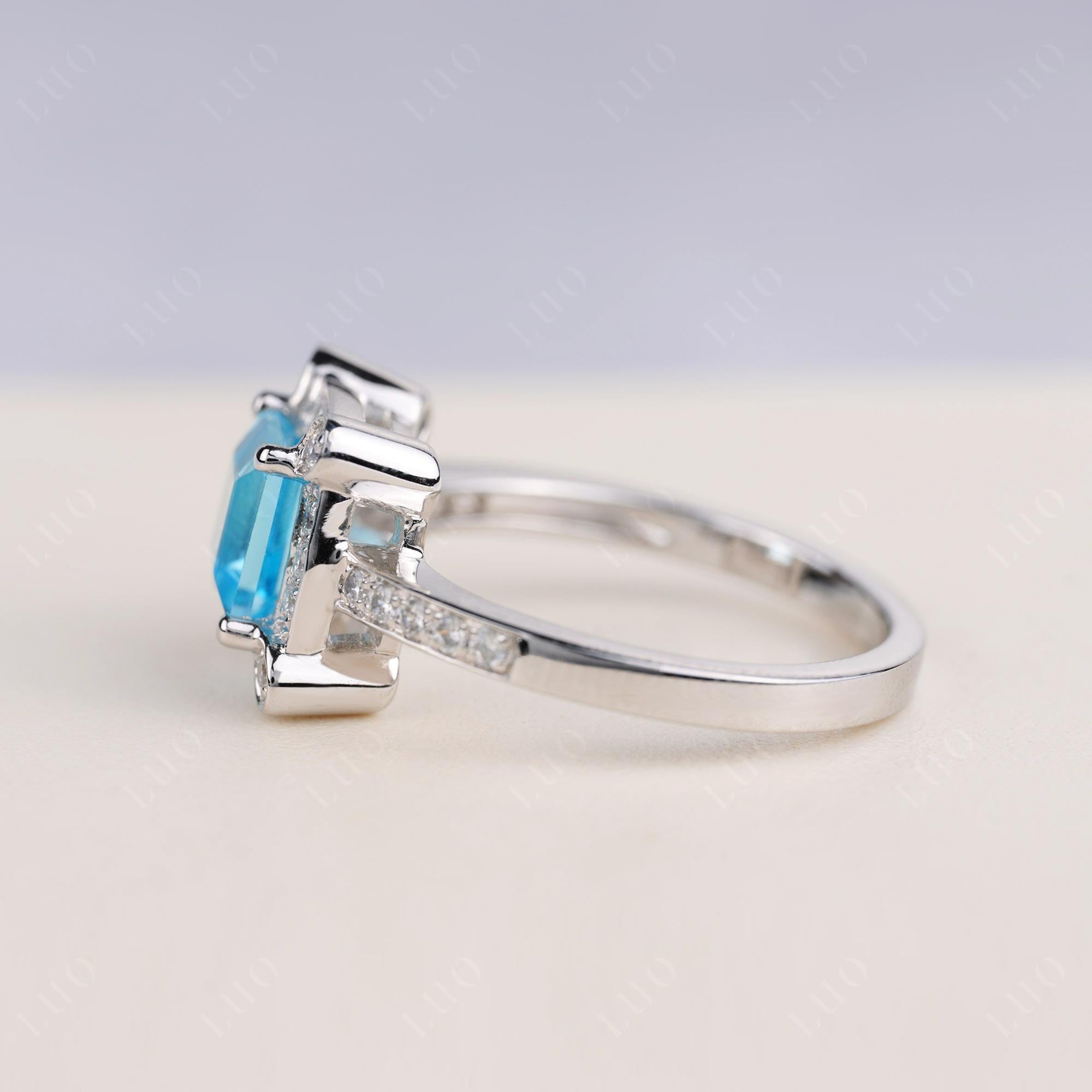 Princess Cut Swiss Blue Topaz Halo Statement Ring - LUO Jewelry 