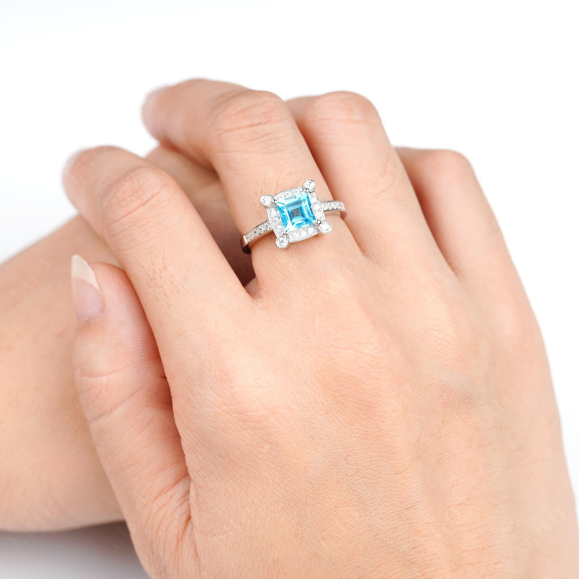 Princess Cut Swiss Blue Topaz Halo Statement Ring - LUO Jewelry 