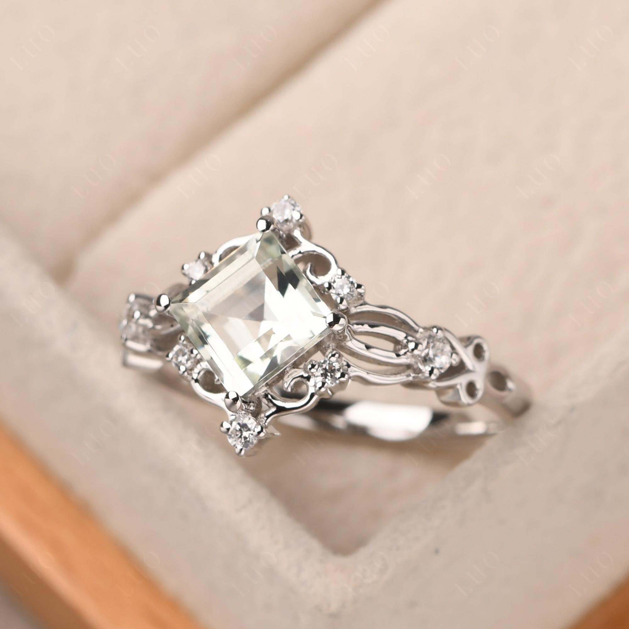 Square Cut Green Amethyst Art Deco Ring - LUO Jewelry 