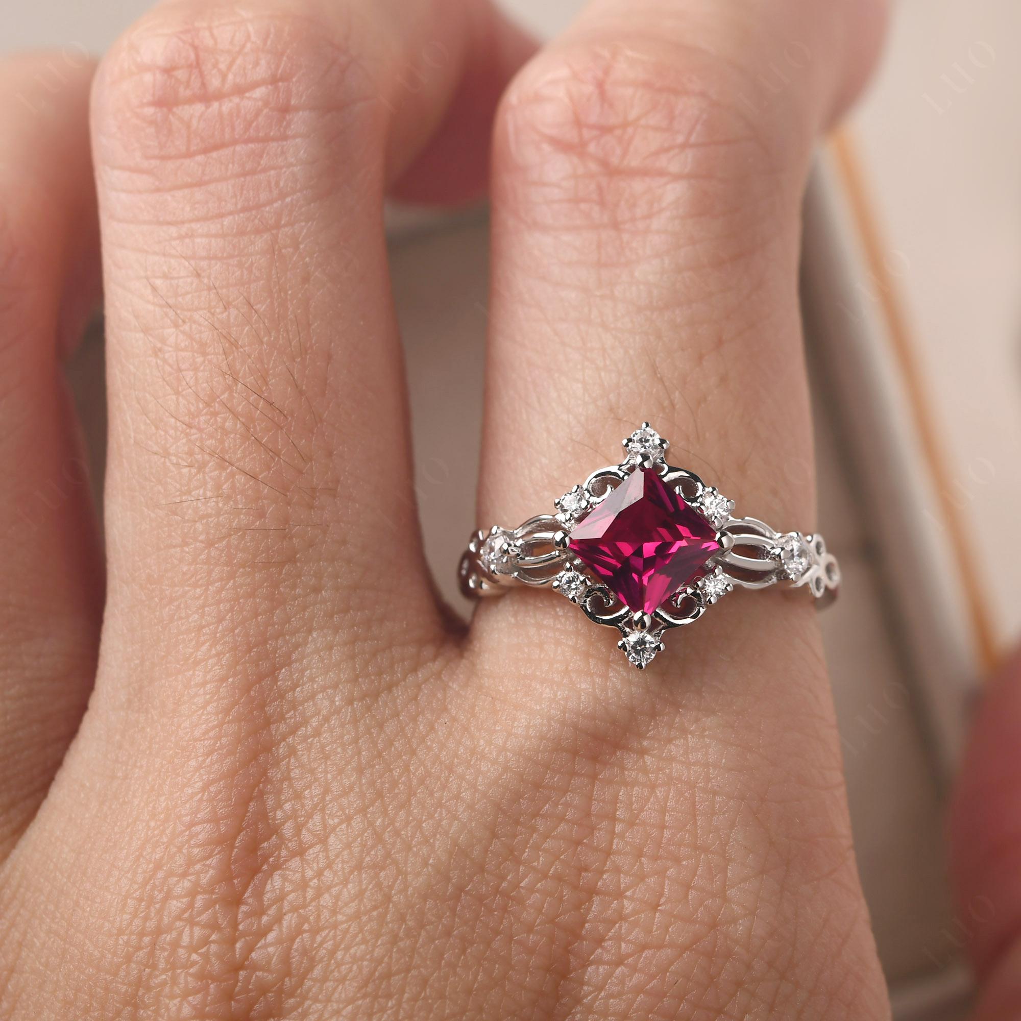 Princess Cut Ruby Art Deco Ring - LUO Jewelry 