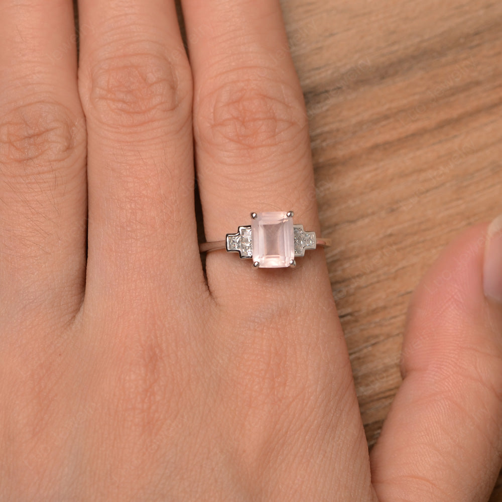 Emerald Cut Rose Quartz Promise Ring White Gold - LUO Jewelry