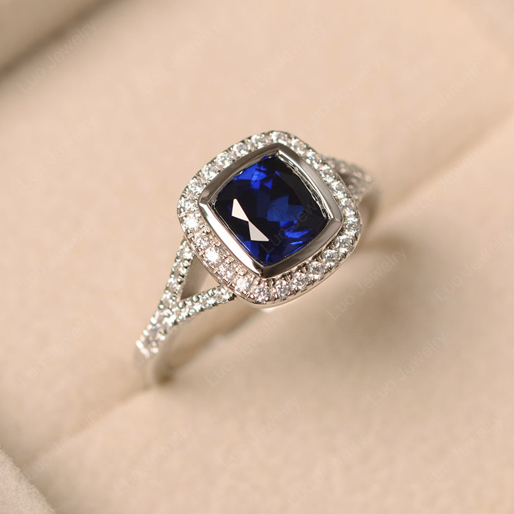 Cushion Cut Lab Sapphire Halo Bezel Set Ring | LUO