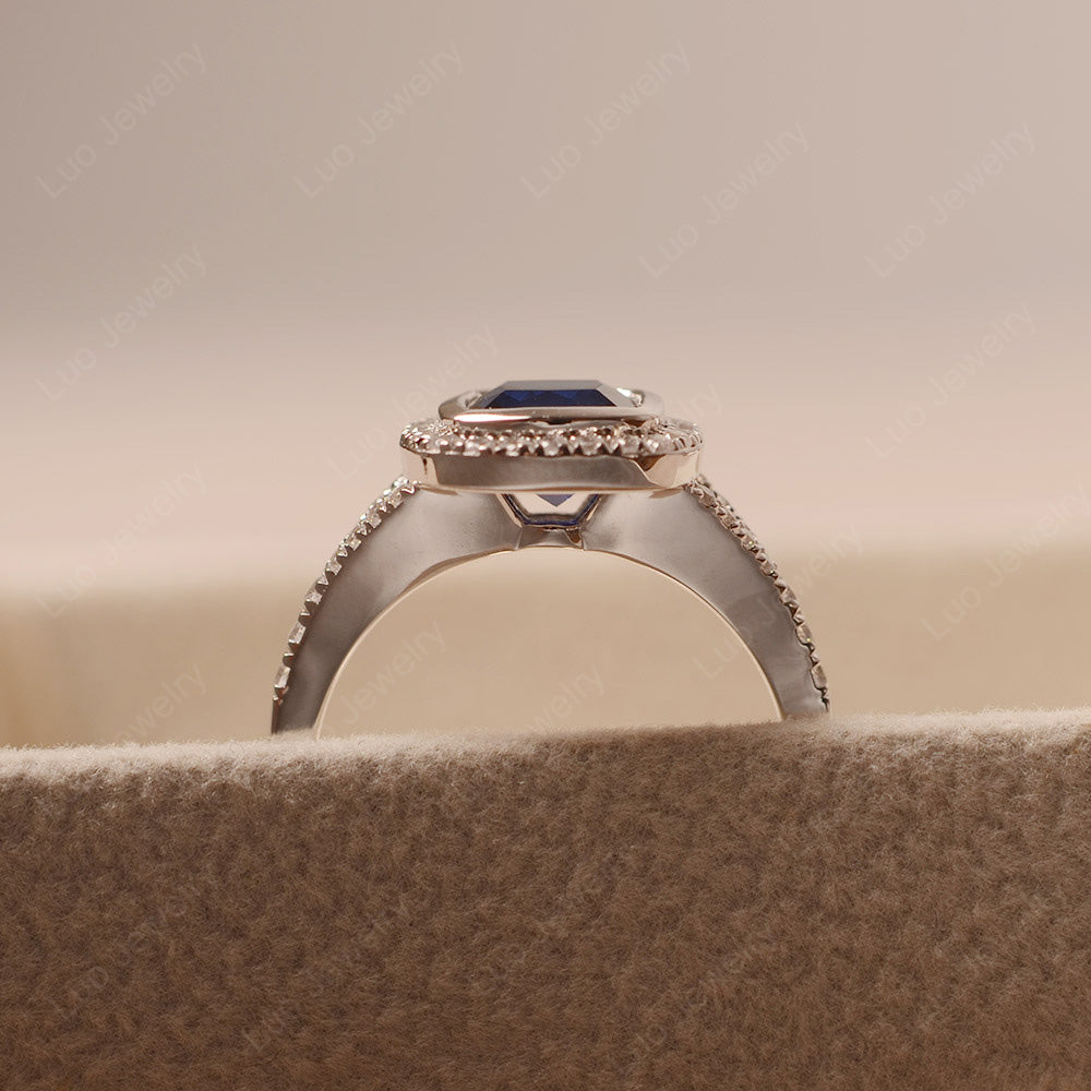 Cushion Cut Lab Sapphire Halo Bezel Set Ring | LUO