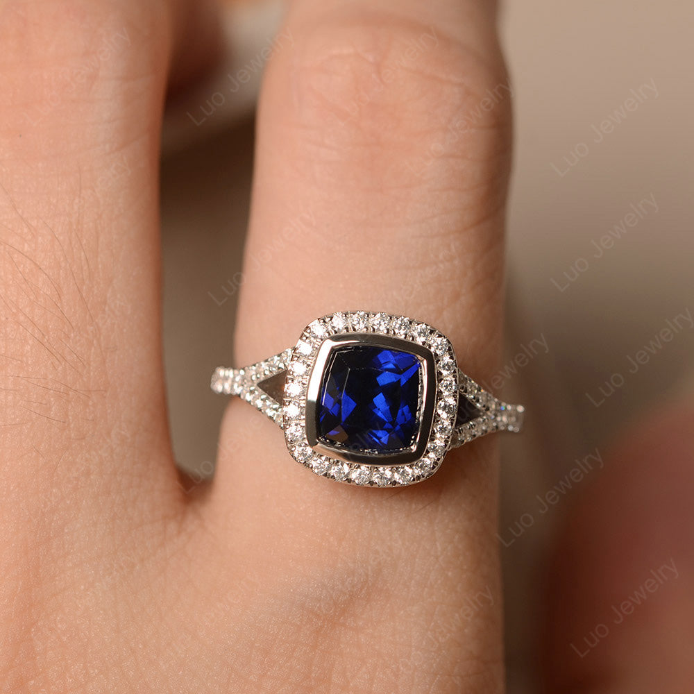 Cushion Cut Lab Sapphire Halo Bezel Set Ring | LUO