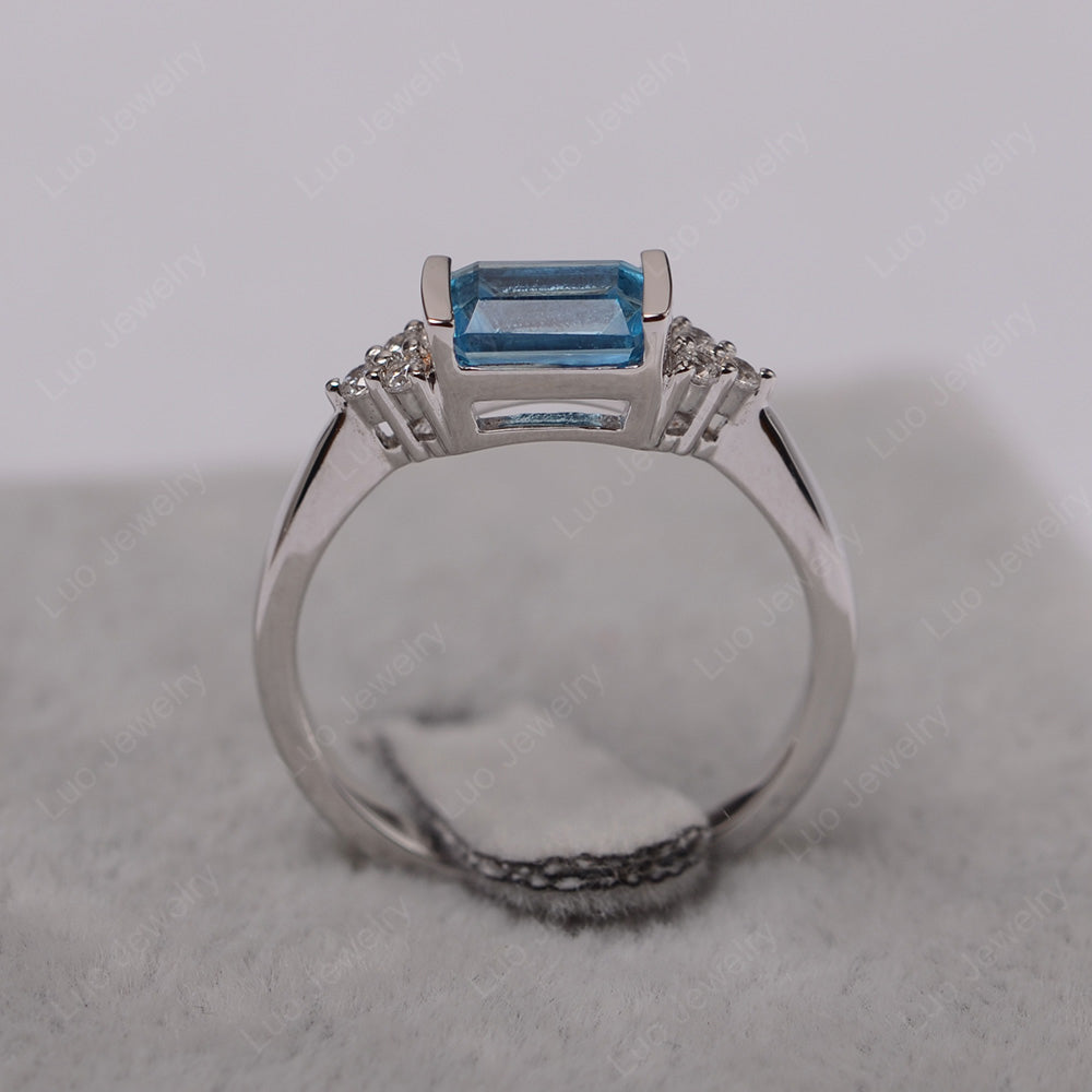 Swiss Blue Topaz Ring East West Engagement Ring Bezel Set - LUO Jewelry