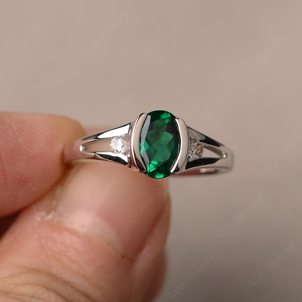 Half Bezel Set Oval Lab Emerald Engagement Ring | LUO