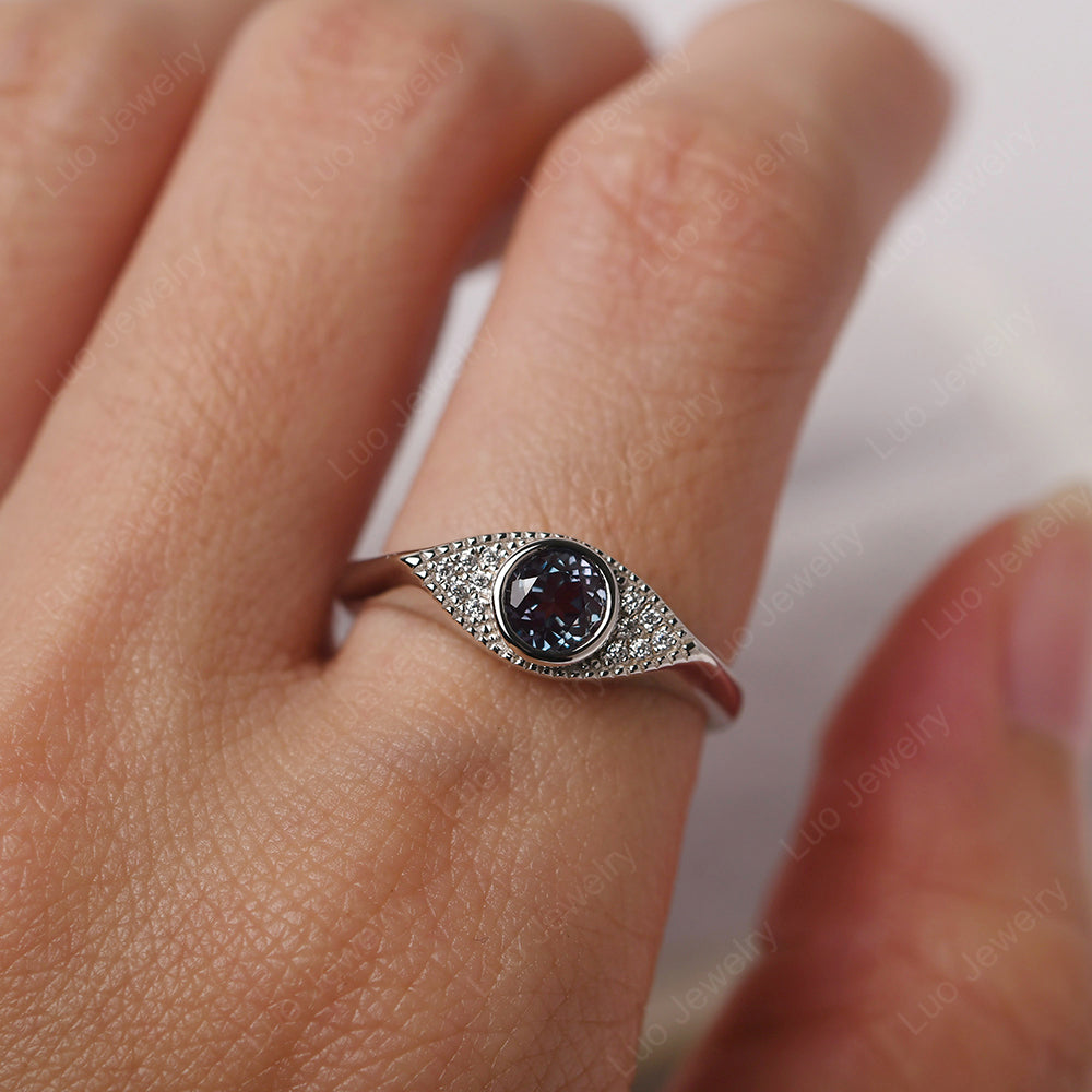 Round cut shops lab alexandrite ring wedding ring solid sterling silver ring evil eye gemstone ring June birthstone ring