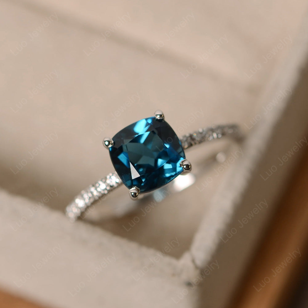 London Blue Topaz Wedding Ring Cushion Cut White Gold - LUO Jewelry