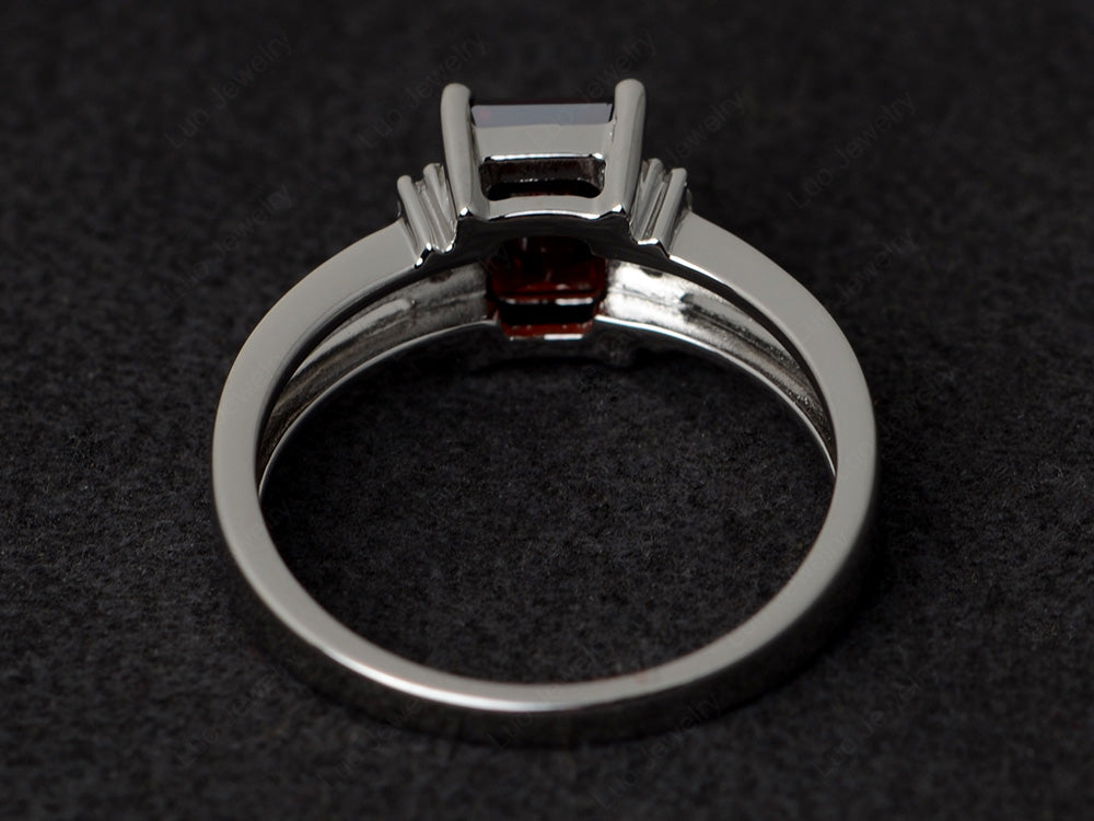 Emerald Cut Garnet Split Shank Wedding Ring - LUO Jewelry