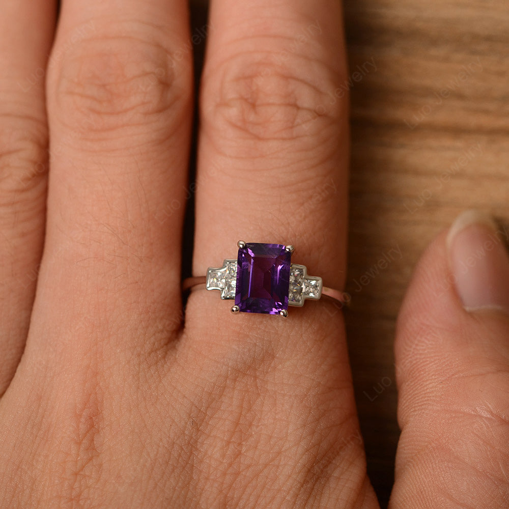 Three hotsell Stone 8*6mm Emerald Cut Amethyst & Round Sim. Diamond 925 Sterling Silver/White Gold/Yellow Gold/Rose Gold Engagement Promise Ring