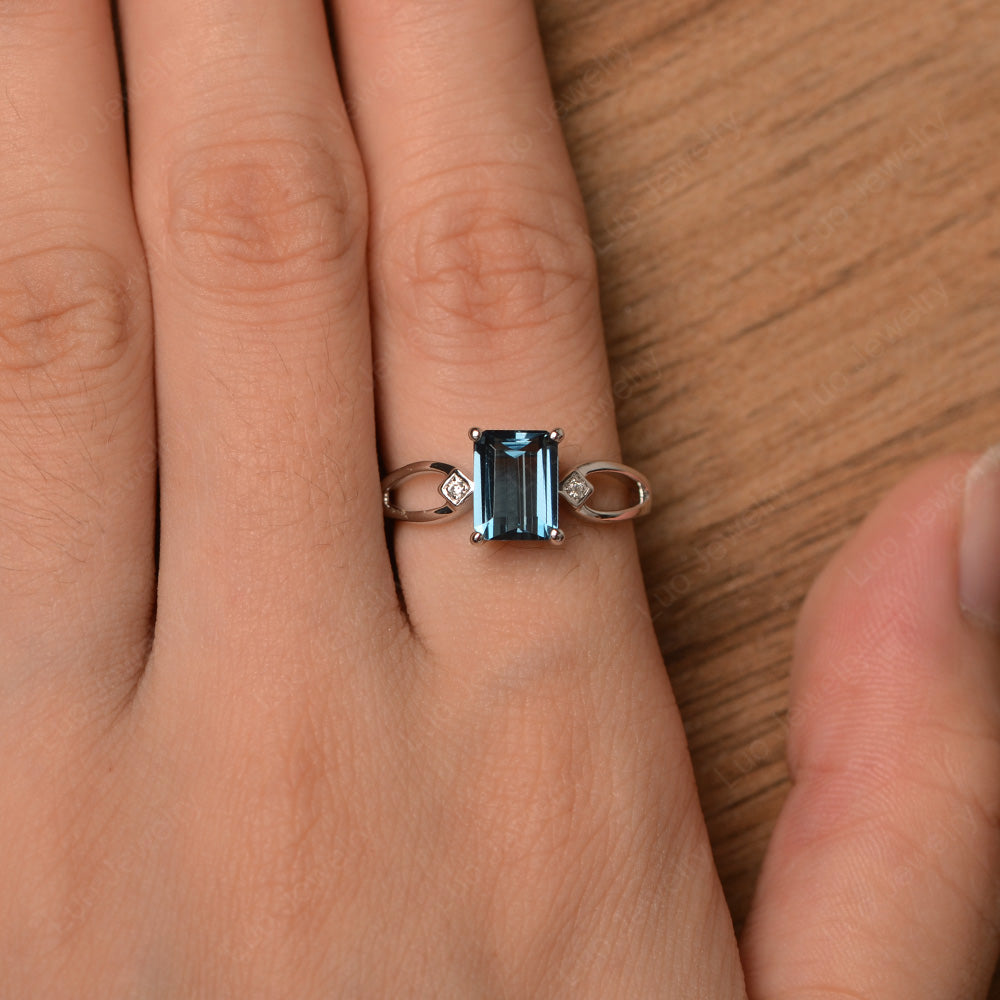 Emerald Cut London Blue Topaz Ring Split Shank - LUO Jewelry