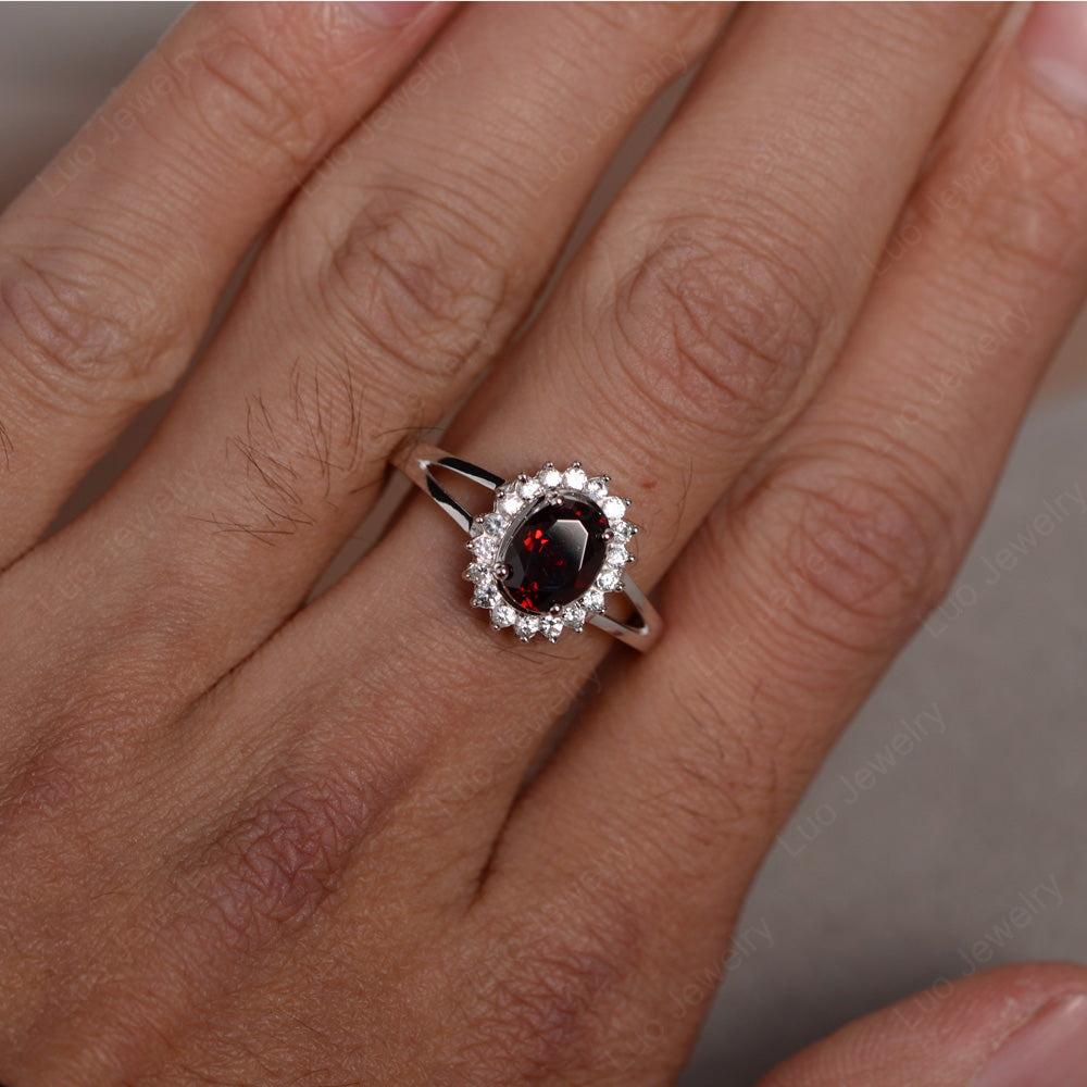 Garnet Split Shank Oval Halo Engagement Ring - LUO Jewelry