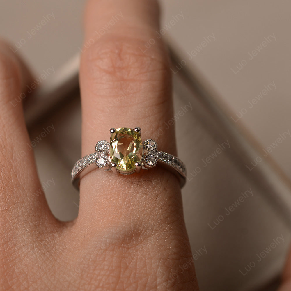 Oval Cut Lemon Quartz Art Deco Engagement Ring - LUO Jewelry