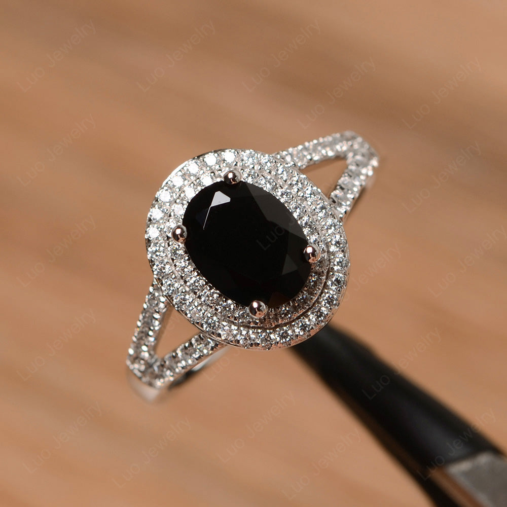 Black Stone Double Halo Oval Engagement Ring | LUO