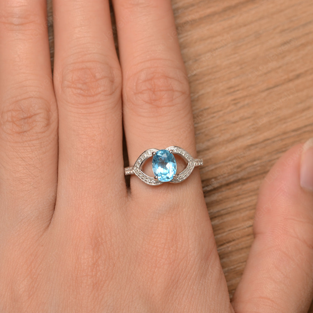 Oval Cut Swiss Blue Topaz Split Shank Ring White Gold - LUO Jewelry