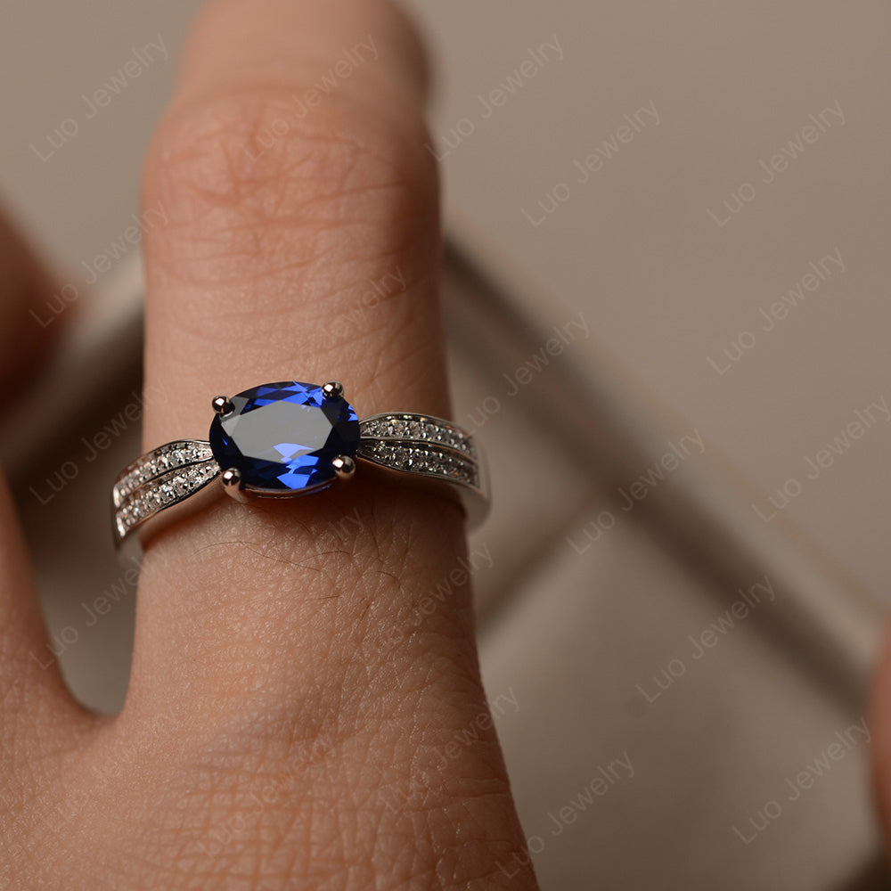 Oval Lab Sapphire Wedding East West Ring - LUO Jewelry