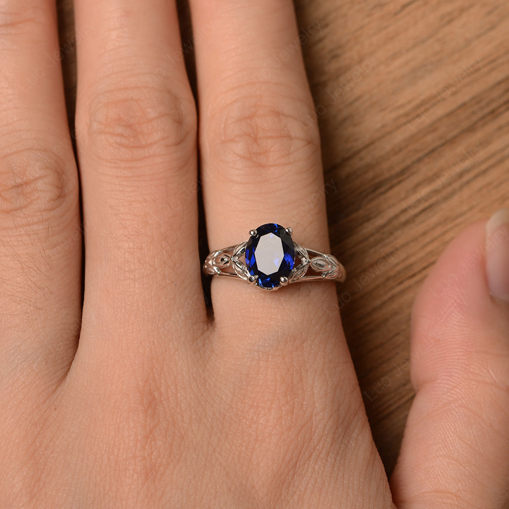 Oval Shaped Lab Sapphire Solitaire Ring Art Deco - LUO Jewelry