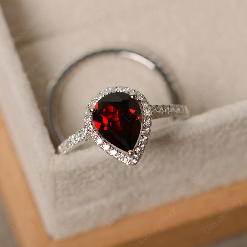 Pear shape garnet halo wedding ring, sterling silver twist ring, January shops birthstone