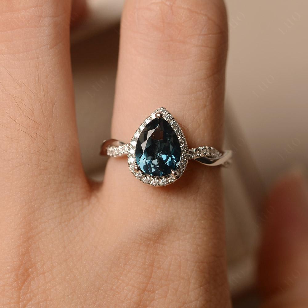 Pear Shaped London Blue Topaz Twisted Halo Ring - LUO Jewelry
