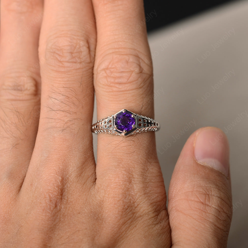 6 Prong Vintage Amethyst Solitaire Engagement Ring - LUO Jewelry