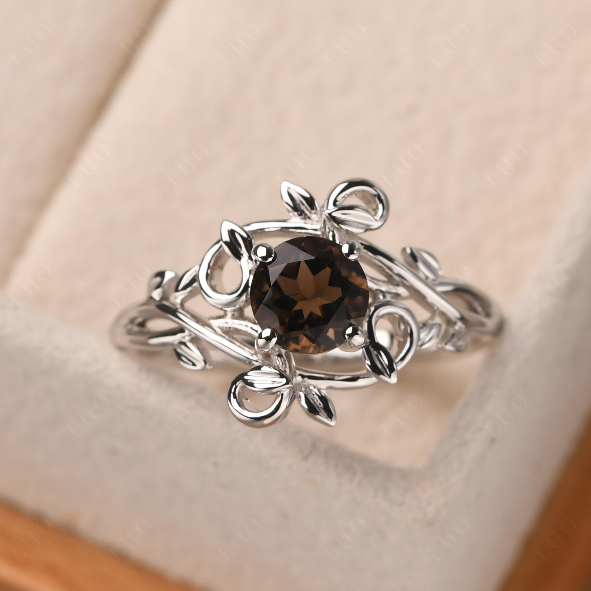 Smokey Quartz Ring, outlet Silver Ring, Silver Flowers and Leaf Design, Sterling Silver 925, Unique design, Silver Floral Ring, Only in size 9