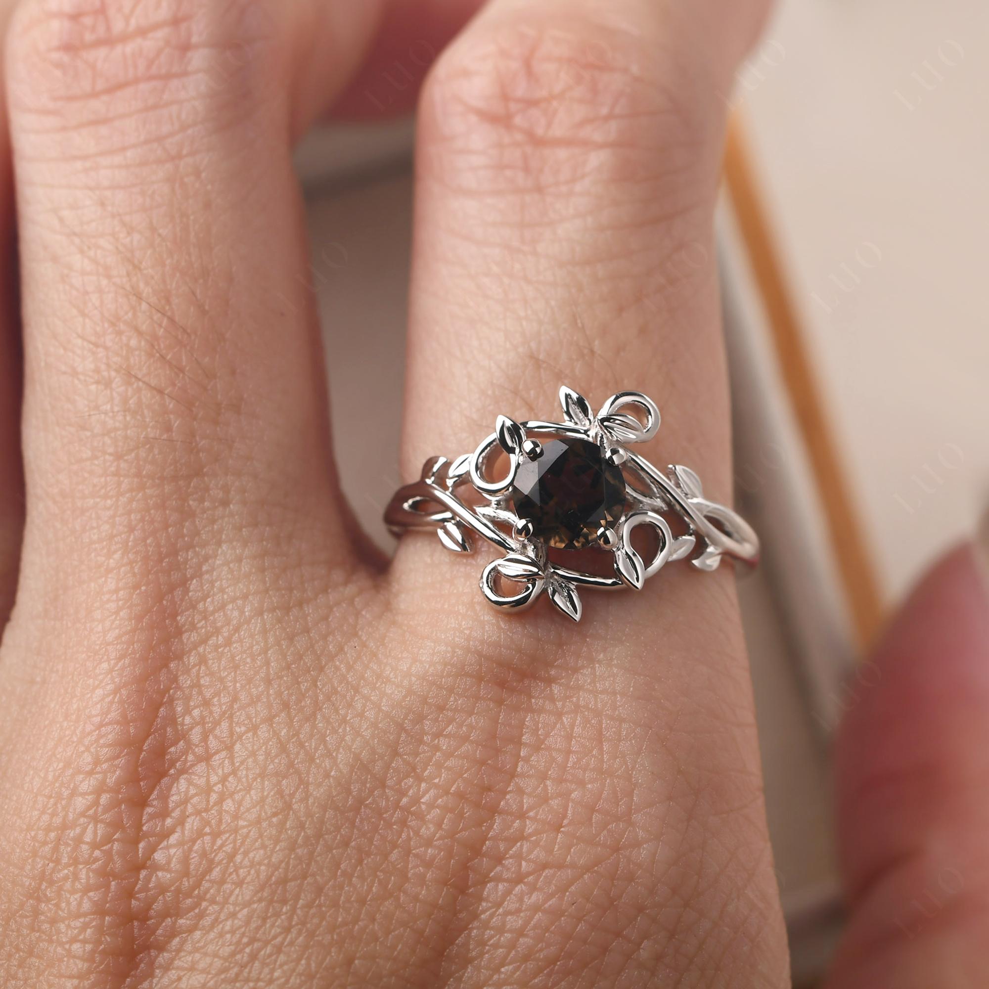 Smokey Quartz Ring, Silver Ring, Silver Flowers and Leaf Design, Sterling Silver 925, Unique design, Silver Floral Ring, Only in high quality size 9