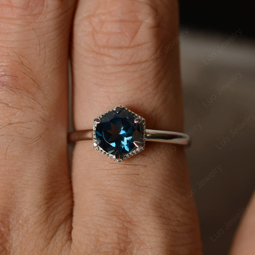 London Blue Topaz Hexagon Solitaire Engagement Ring - LUO Jewelry