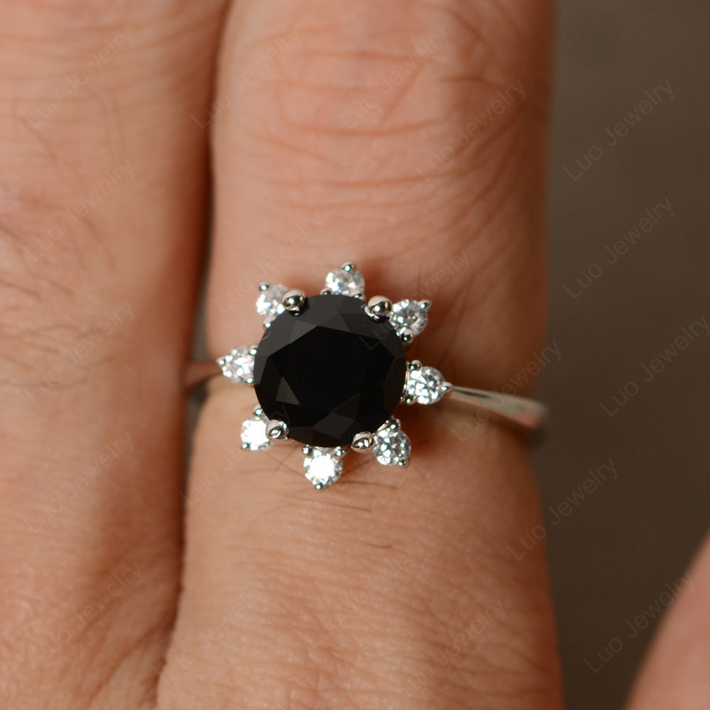 Brilliant Cut Black Stone Halo Engagement Ring - LUO Jewelry