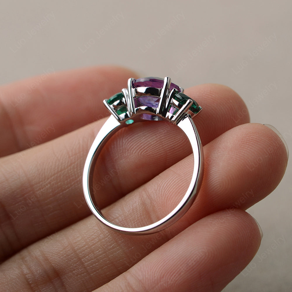 Green store Amethyst 3stone Radiant Cushion cut Amethyst Engagement Ring 925/18k