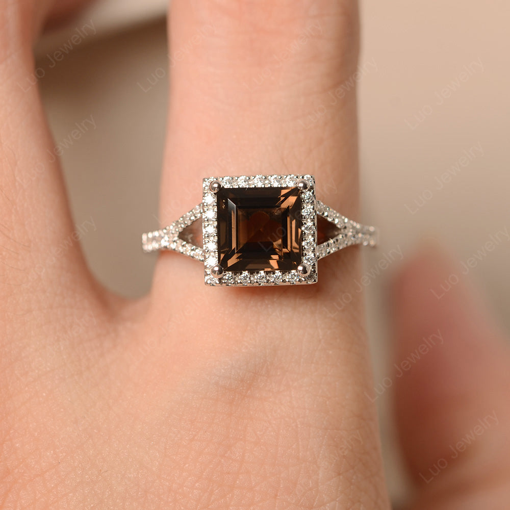 Square Cut Smoky Quartz Ring Split Shank Halo Ring | LUO