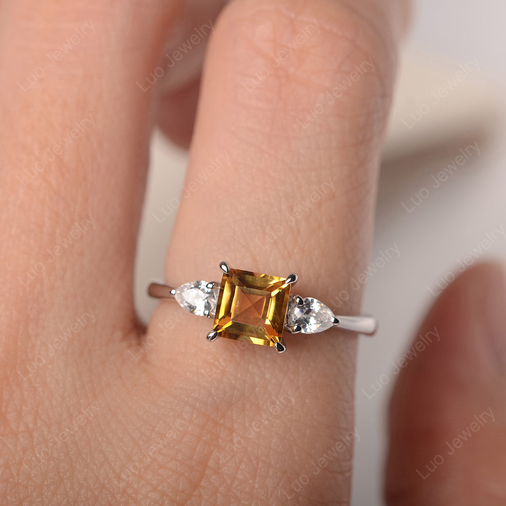 Square Cut Citrine Ring With Pear Side Stone | LUO