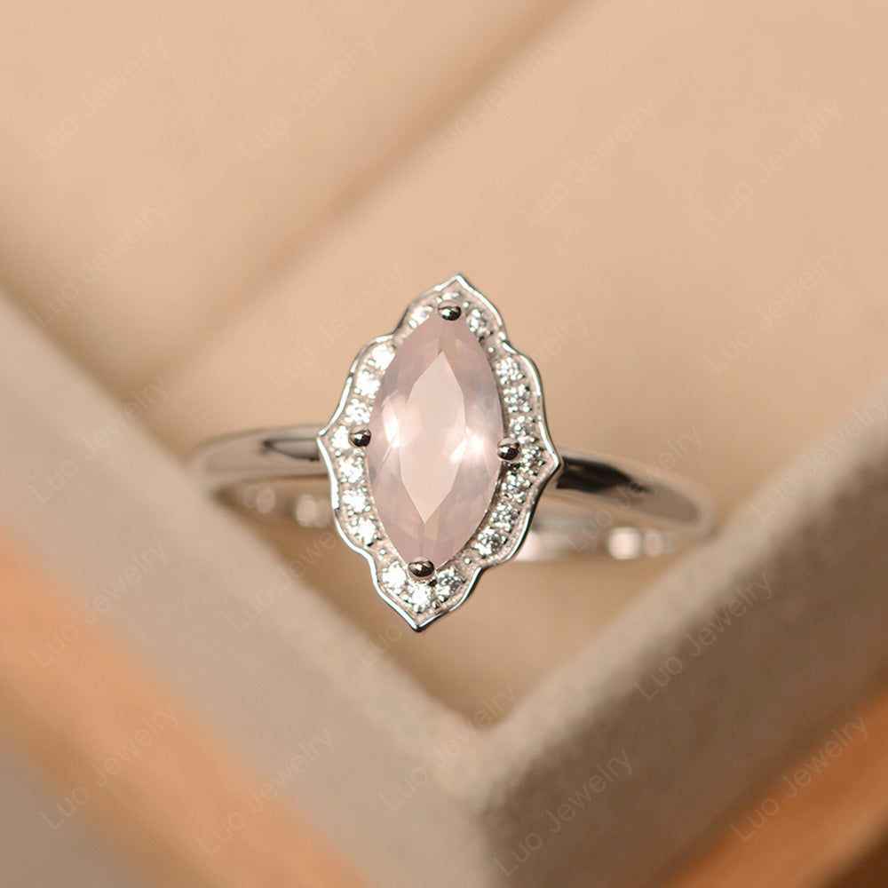 Marquise Cut Rose Quartz Halo Engagement Ring - LUO Jewelry